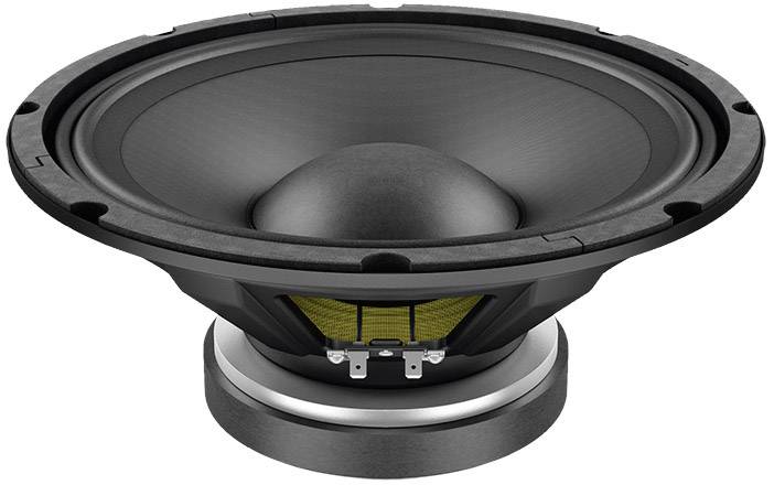 Un altoparlante nero, tipico di un impianto audio, con un'ampia membrana centrale e un bordo esterno.