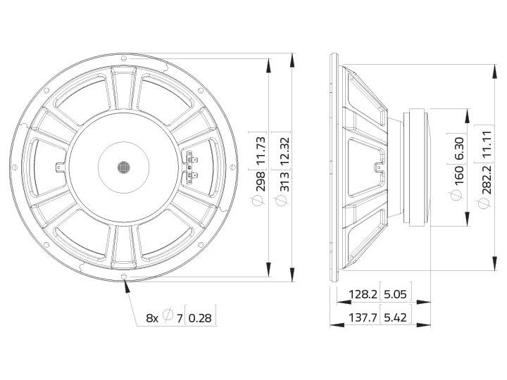 Disegno tecnico di un altoparlante con misure in millimetri. Mostra la vista frontale e laterale con dettagli specifici sui diametri.