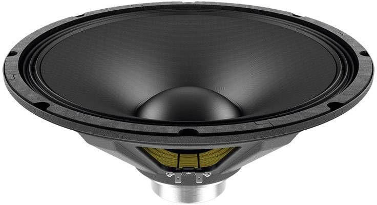 Un cono nero per altoparlante con magnete visibile e morsetti di connessione in basso, adatto per dispositivi audio.