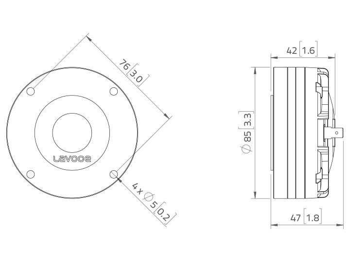 Disegno tecnico di un altoparlante circolare Lavoco con quote in millimetri, comprensivo di diametro e interasse dei fori.