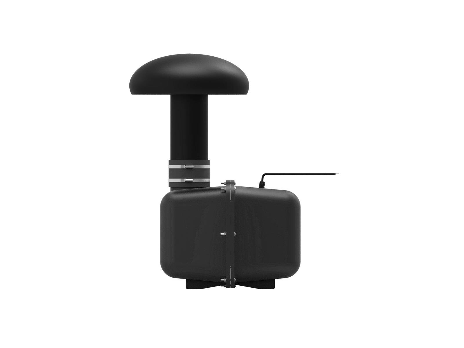 Dispositivo nero a forma di fungo con un'antenna su una base rettangolare, probabilmente un dispositivo tecnico o un sensore.