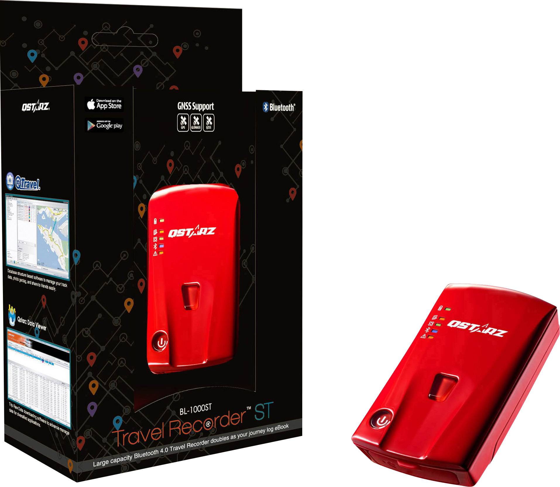 Registratore GPS rosso con supporto Bluetooth e GNSS, confezionato in una scatola nera. Supporta app e integrazione cloud.
