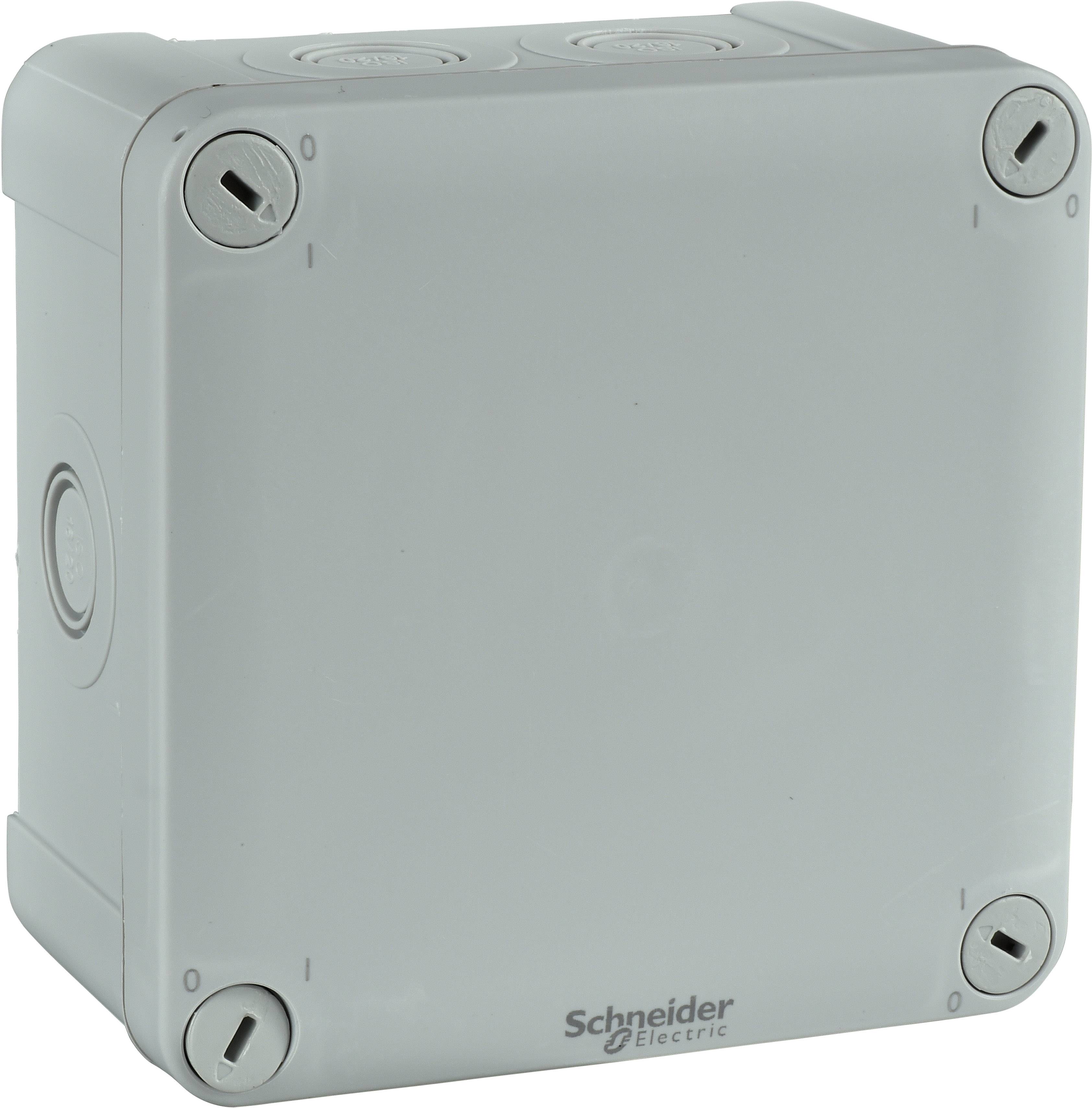 Una scatola di derivazione grigia di Schneider Electric, vista frontale con quattro viti agli angoli.