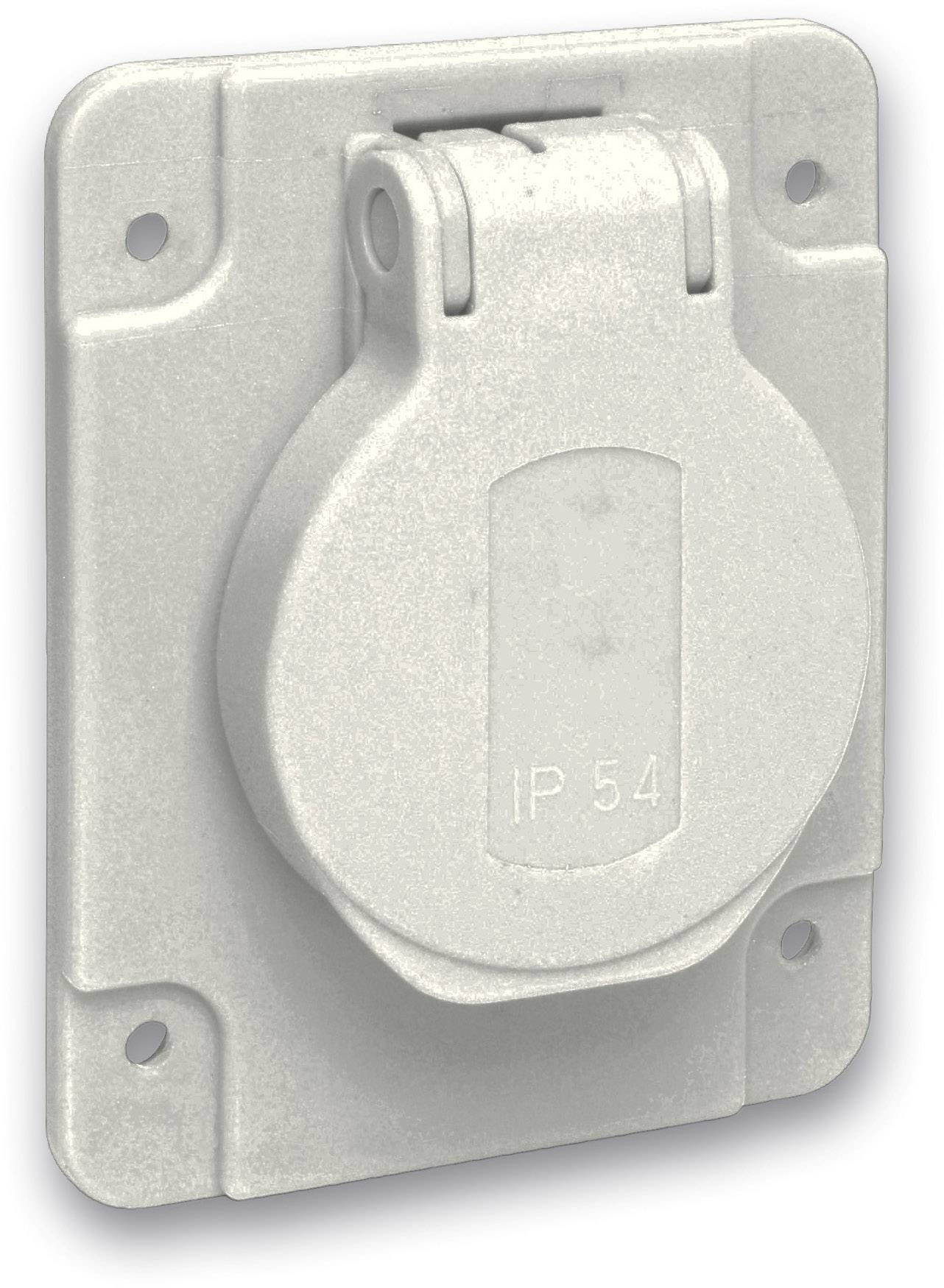 Presa elettrica bianca con sportello di protezione, montata a parete, con etichetta 'IP 54'.