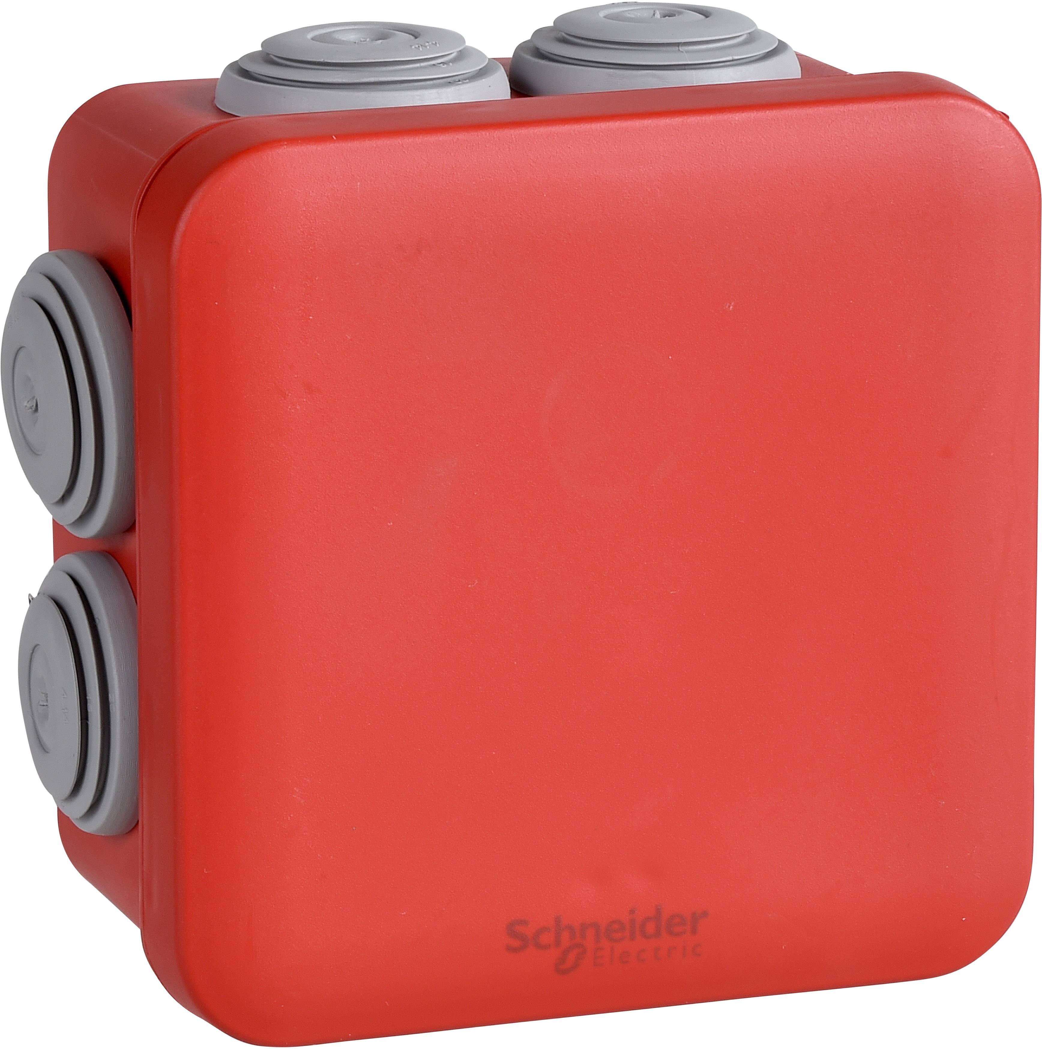 Presa elettrica rossa con ingressi laterali grigi, idonea per l'installazione di cavi. Marca: Schneider Electric.