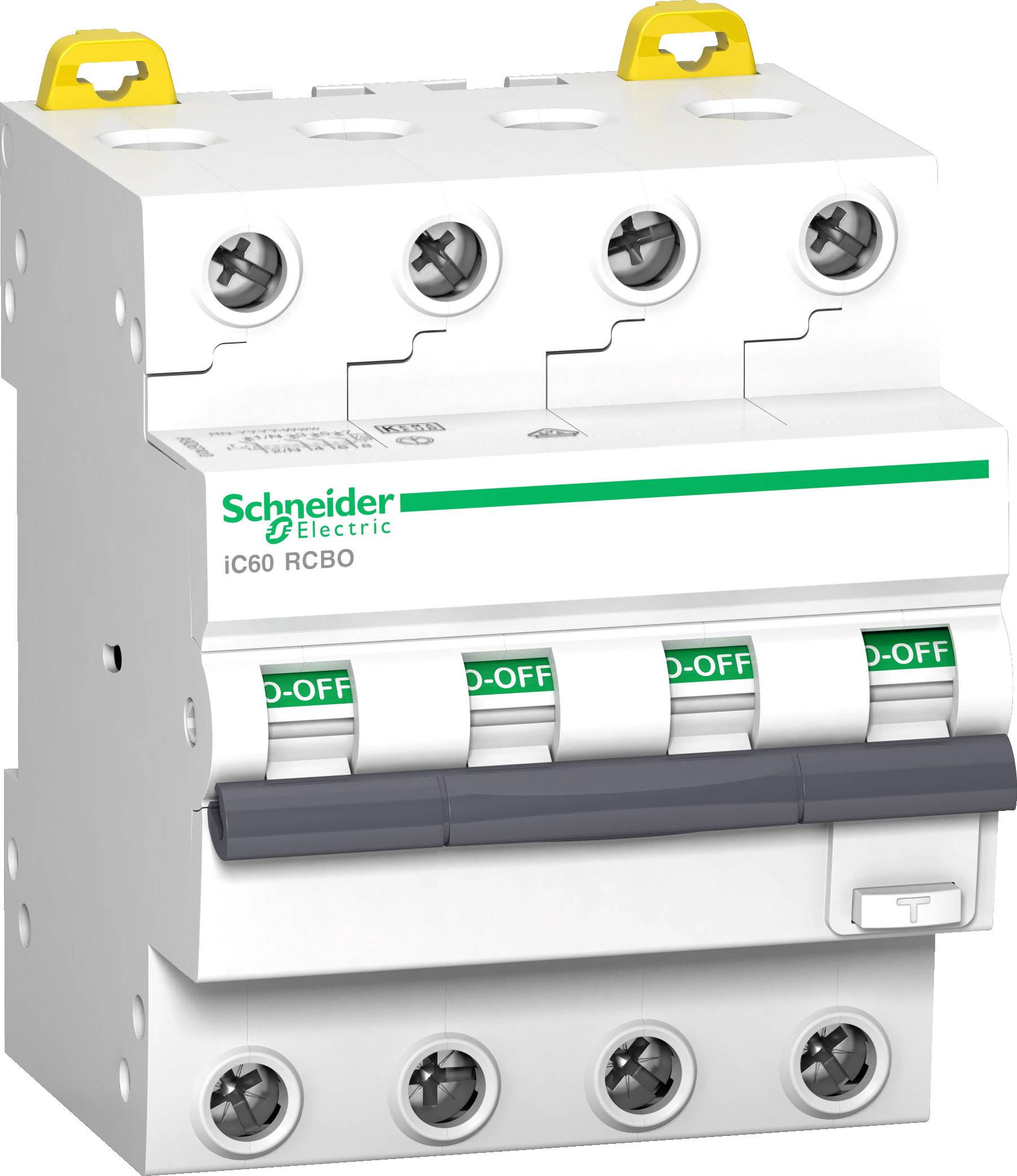 Un interruttore RCBO di Schneider Electric con quattro interruttori, contrassegnato 'ON-OFF'. Utilizzato per il controllo di circuiti elettrici.