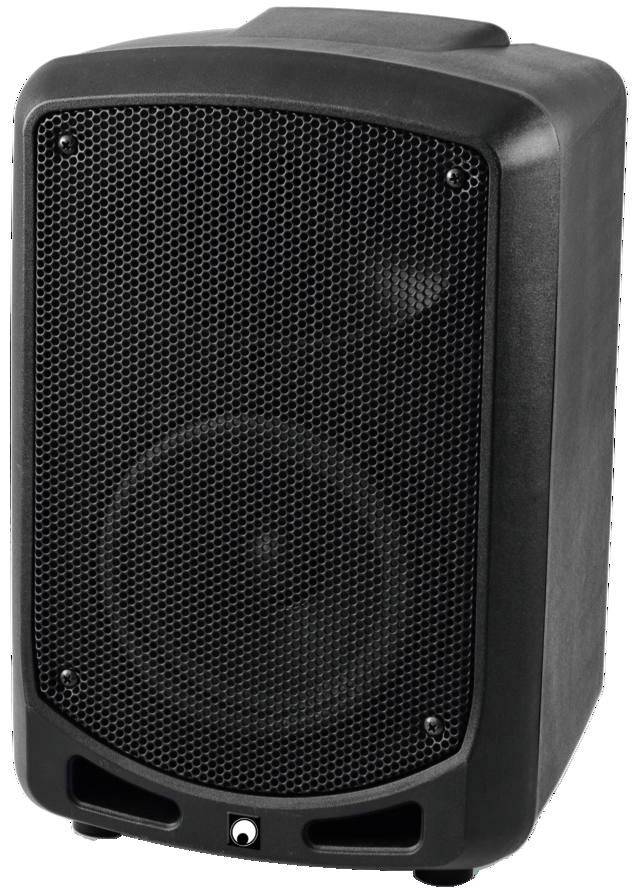 Altoparlante nero portatile con griglia metallica e angoli arrotondati, adatto per la riproduzione audio durante gli eventi.