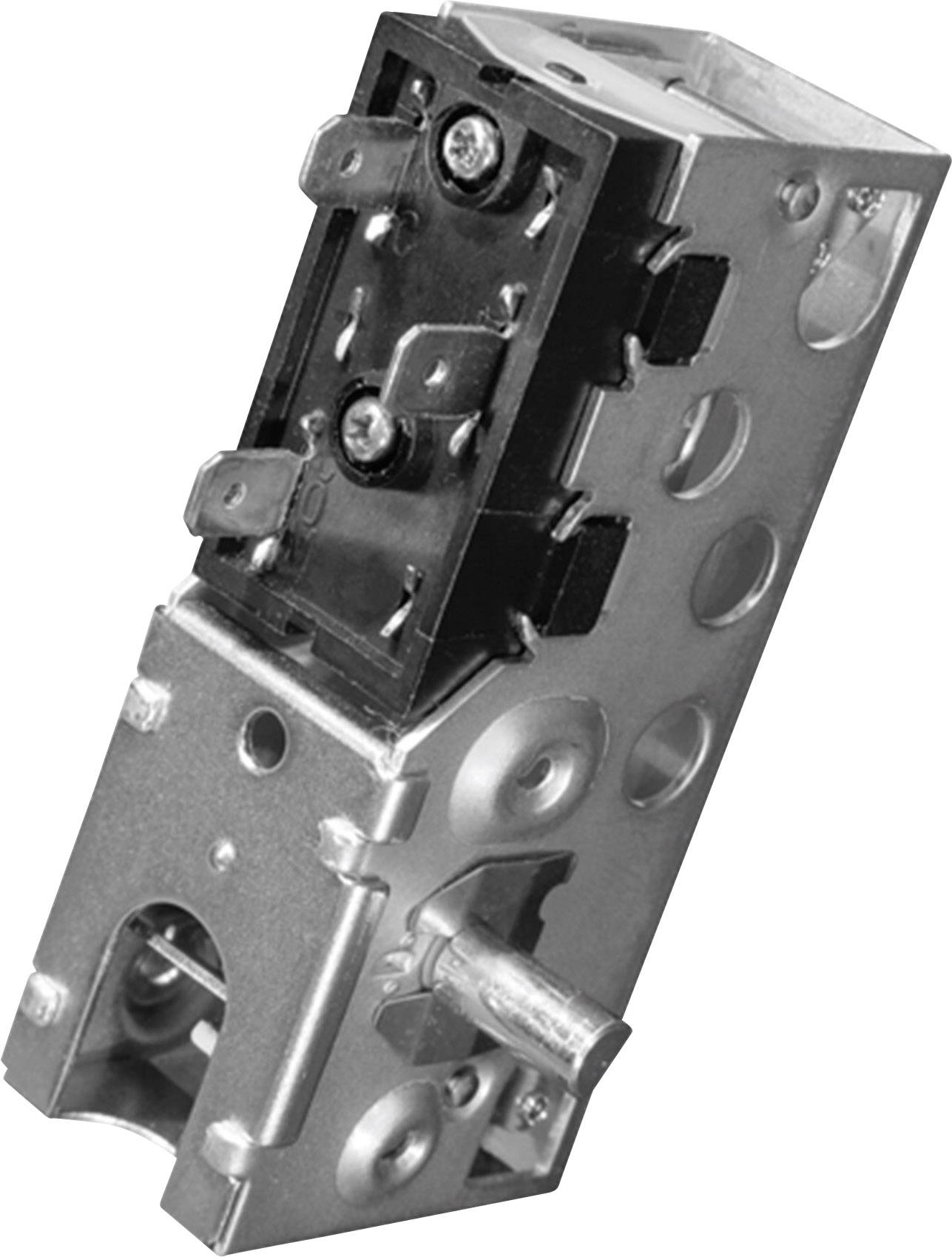 Un meccanismo metallico, probabilmente un serratura per porta con diverse scanalature e parti mobili, mostra la vista dettagliata della costruzione.