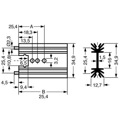 Disegno tecnico di un profilo con quote: altezza 34,9 mm, larghezza 25,4 mm, e viste dettagliate con interassi e diametri dei fori.