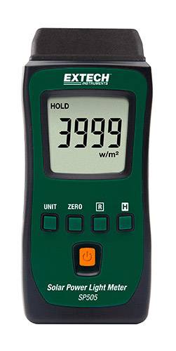 Un dispositivo di misurazione della luce alimentato a energia solare con un display che mostra '3999 w/m²'. Sono visibili i tasti Unit, Zero, Hold e Power.