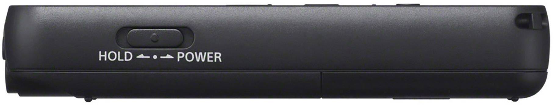 Dispositivo elettronico raffigurato di lato in colore nero, con etichette 'HOLD' e 'POWER' accanto a un interruttore a scorrimento.