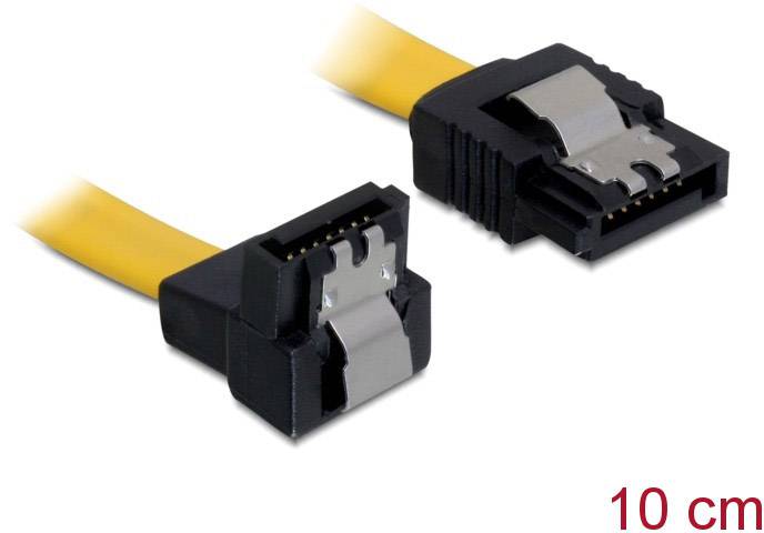 Un cavo dati SATA giallo lungo 10 cm con due connettori neri e clip argentate su entrambe le estremità.