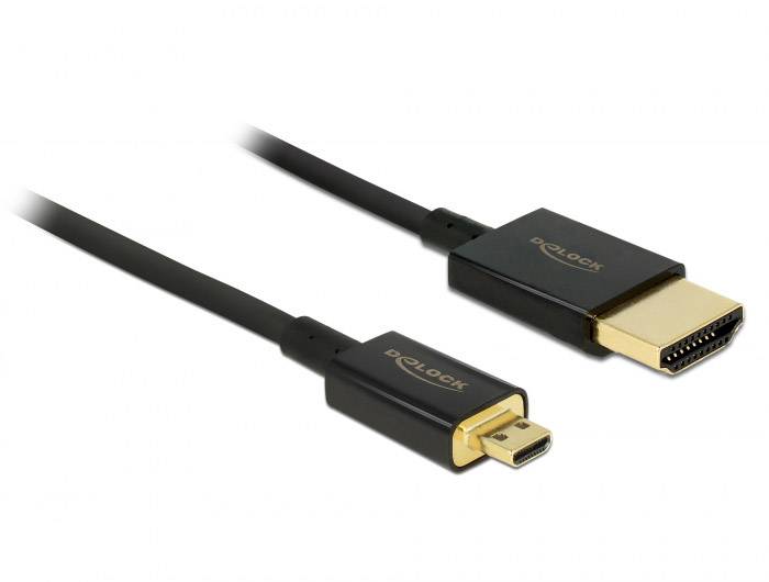 Cavo HDMI con connettori placcati in oro e logo 'Delock' su entrambe le estremità, uno di dimensioni mini e uno standard.