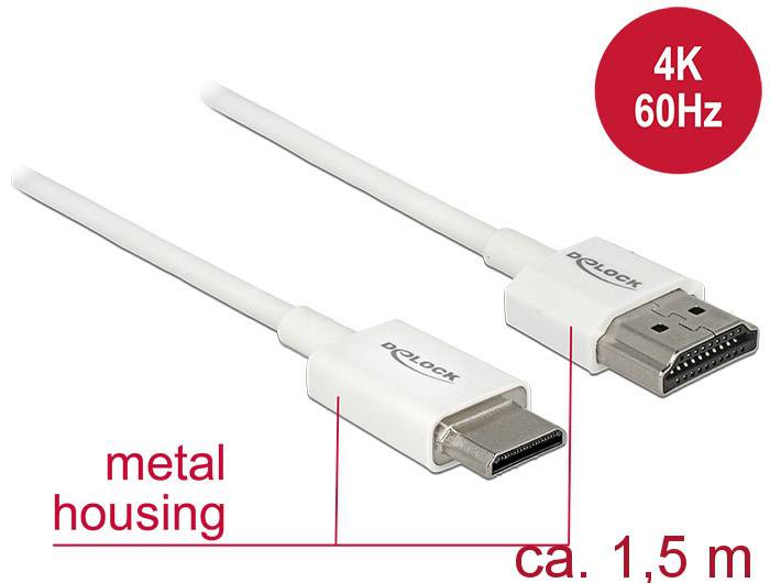 Mostra due connettori bianchi etichettati 'Delock' con un testo: '4K 60Hz', 'alloggiamento metallico' e 'ca. 1,5 m'.