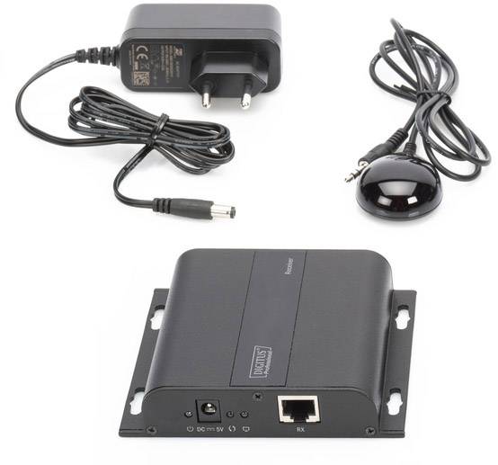 Un ricevitore IR per telecomando nero con alimentatore e ricevitore a infrarossi, adatto per il controllo remoto di dispositivi.