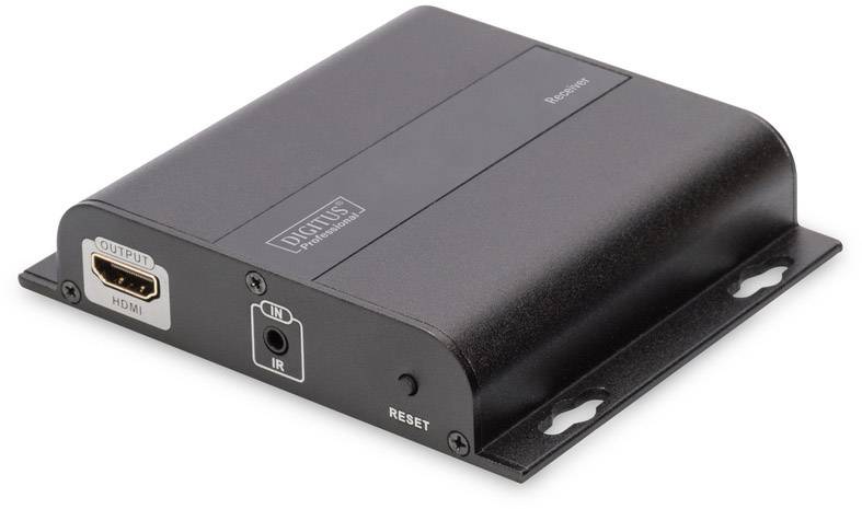 Scatola estensore HDMI nera con uscita HDMI e porta a infrarossi, con fori di fissaggio laterali.