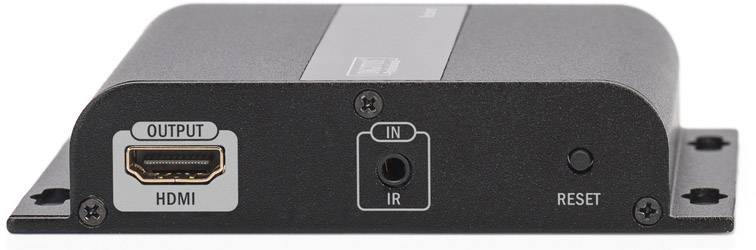 Un dispositivo elettronico nero con uscita HDMI, ingresso IR e pulsante di reset, raffigurato frontalmente.