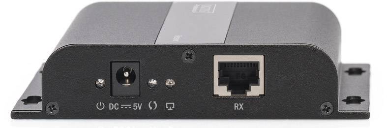 Un dispositivo elettrico con una presa di alimentazione da 5V, una connessione di rete (Ethernet) e un ingresso RX.