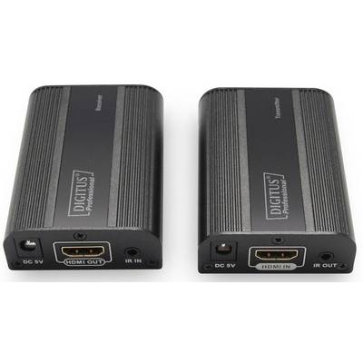 Due dispositivi Digitus, etichettati come 'Receiver' e 'Transmitter', con porte per DC 5V, HDMI e IR. Sono progettati per la trasmissione di segnali HDMI.