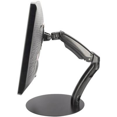 Monitor piatto per computer montato lateralmente su un braccio flessibile e regolabile, poggiante su un supporto rotondo.