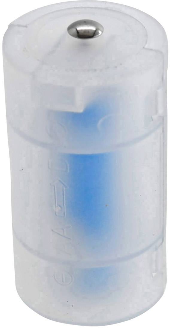 Un adattatore fittizio per batterie AA bianco in plastica, con interno blu. Viene utilizzato per utilizzare batterie AAA in alloggiamenti per batterie AA.