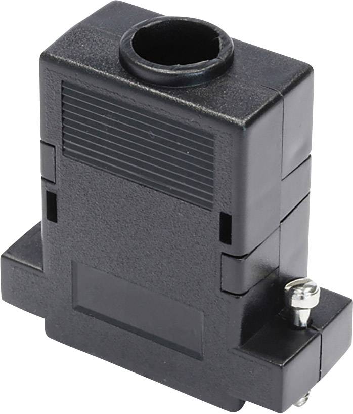 Un connettore elettrico nero con forma rettangolare e un'apertura rotonda in alto. Sul lato è presente una vite.