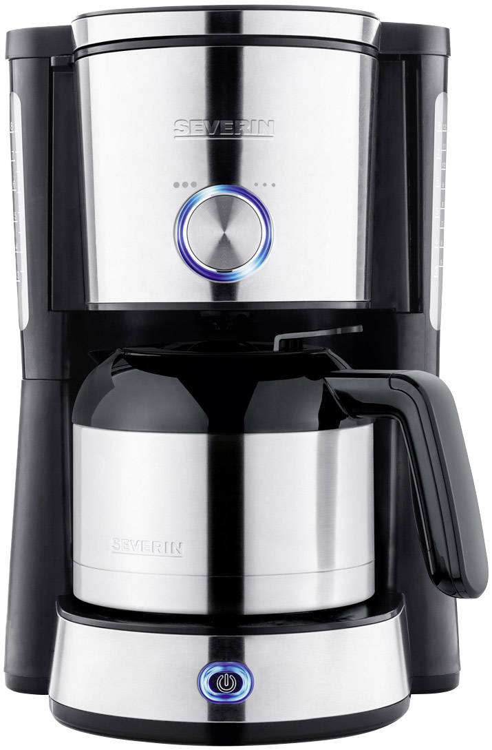 Macchina da caffè argentata con caraffa in acciaio inox e pulsante di accensione/spegnimento blu illuminato, contrassegnata in alto con 'Severin'.