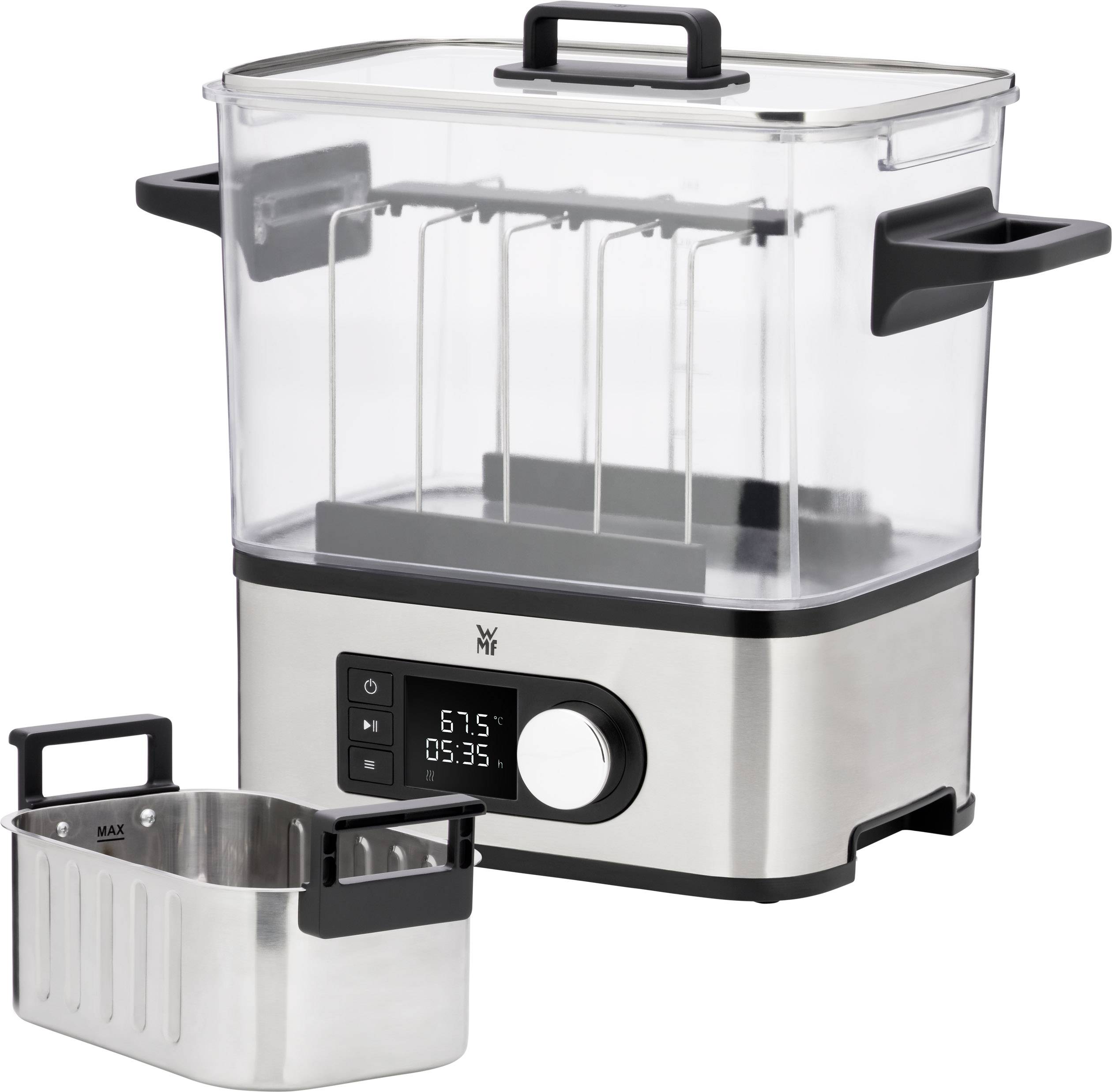 Multicooker in acciaio inossidabile con display digitale. Mostra temperatura '67,5°C' e tempo '05:35'. Inserto anteriore estraibile.