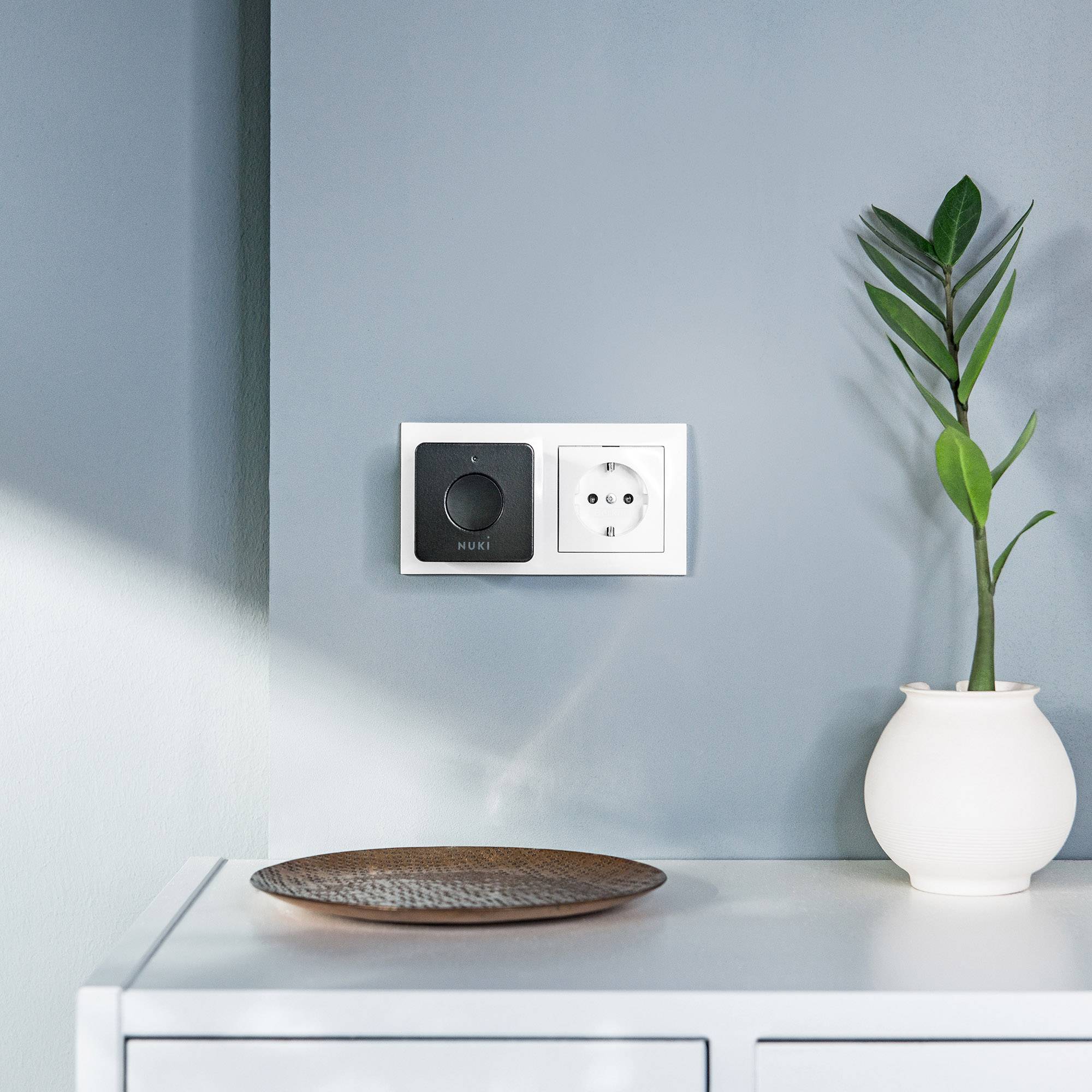 Un termostato intelligente per radiatori e una presa elettrica su una parete grigia. Accanto, su un tavolo, c'è un vaso bianco con rami verdi.