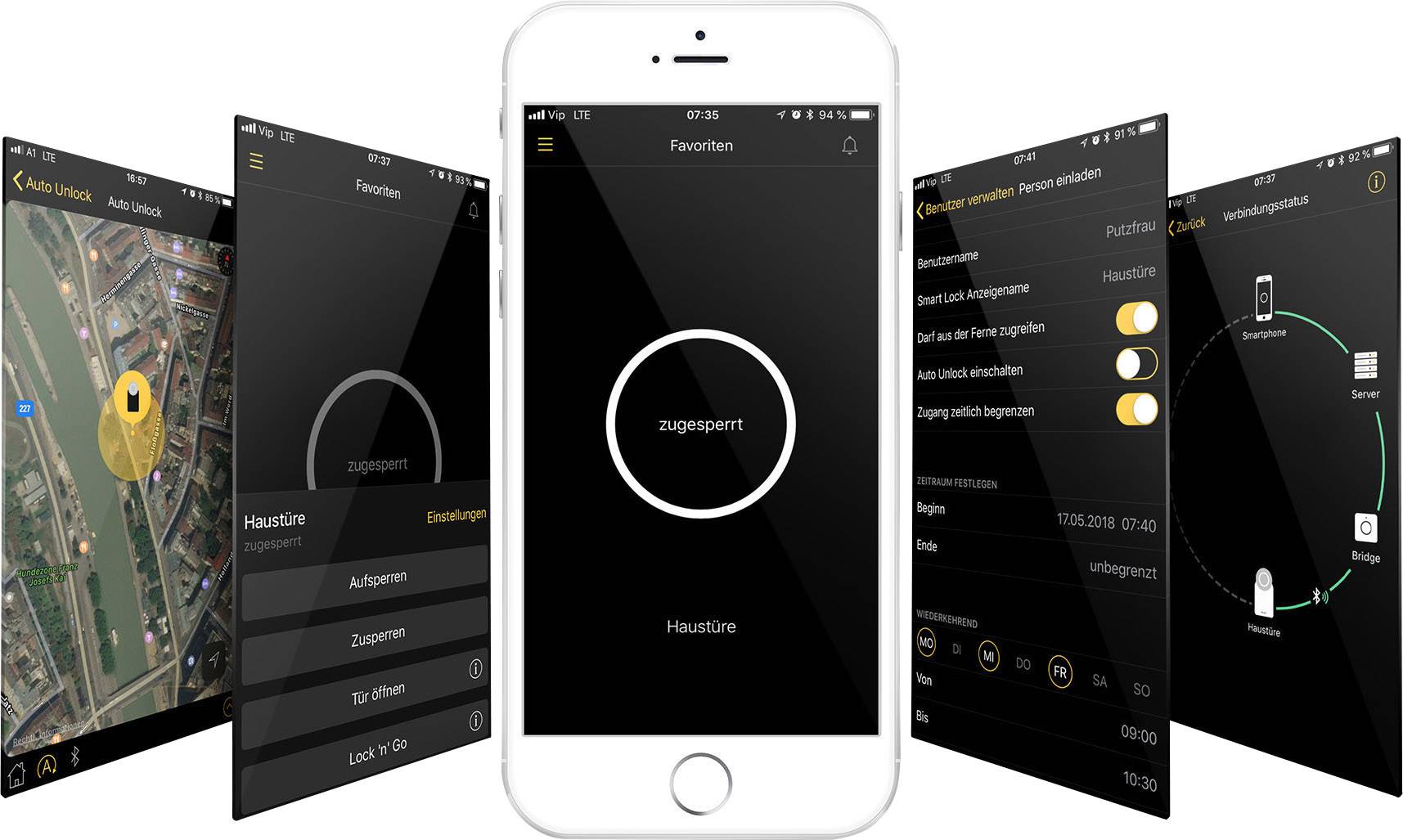 Smartphone mostra l'interfaccia utente di un'app di sicurezza con funzioni come visualizzazione della mappa, gestione delle chiavi di casa e impostazioni.