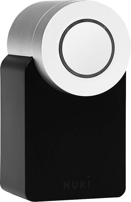 Serratura intelligente dal design moderno con cilindro argentato e corpo nero, contrassegnata con 'NUKI'.
