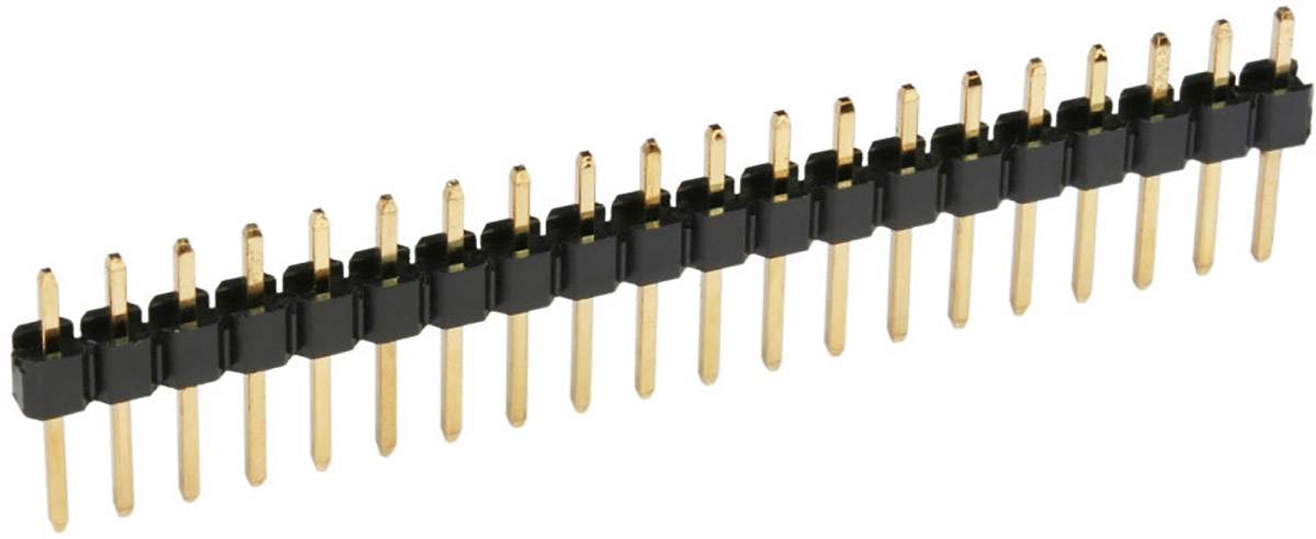 Serie di barre di pin a una riga con pin ricoperti in oro, utilizzate per connessioni elettriche in circuiti elettronici.