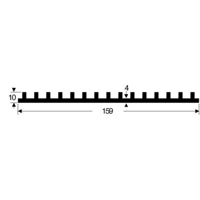 Diagramma di una scala lineare con marcature regolari. Le dimensioni sono 10 unità di altezza, 159 unità di larghezza e 4 unità di spaziatura.