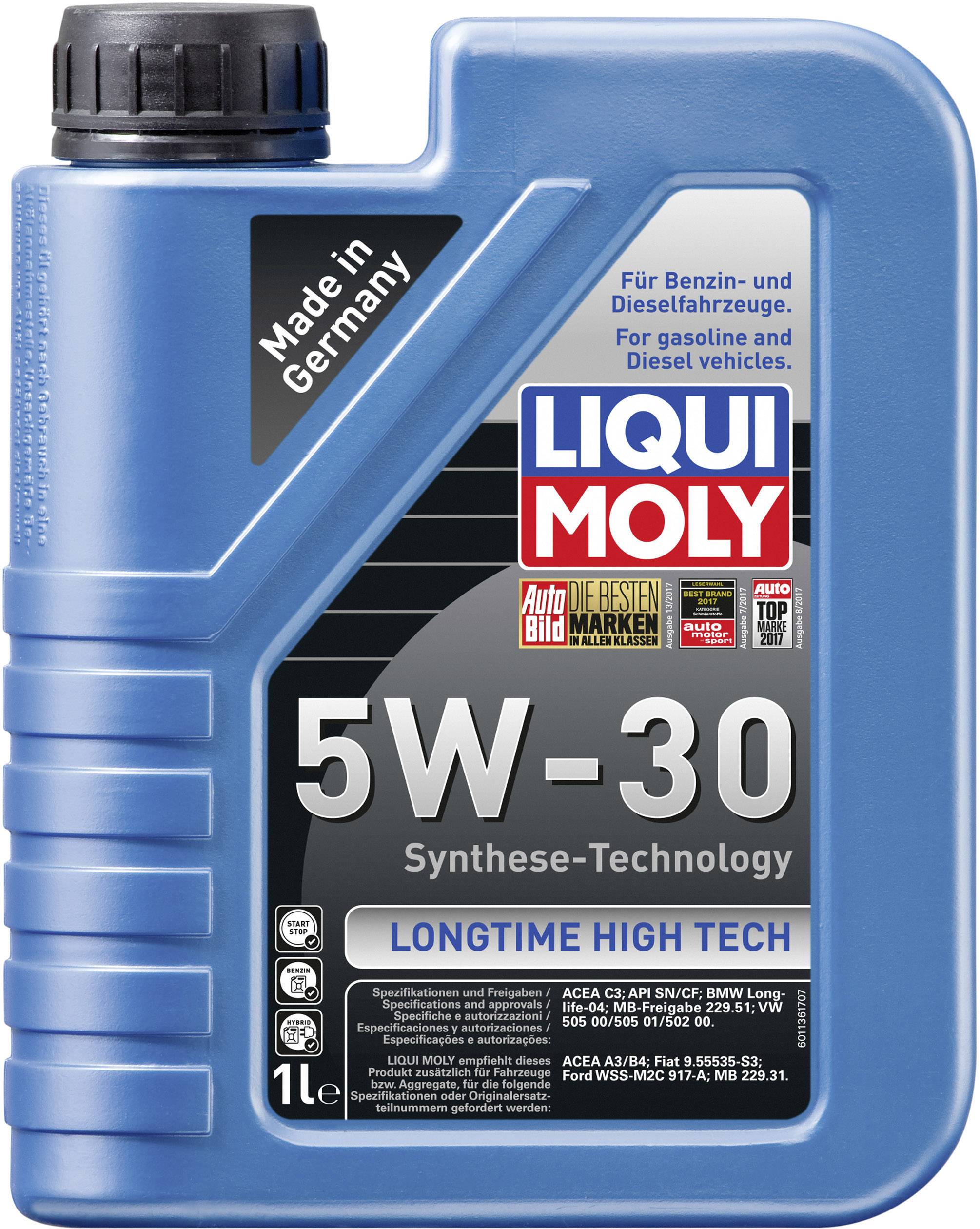 Bottiglia di olio motore 'Liqui Moly 5W-30' in plastica, 1 litro. Etichetta con informazioni in tedesco e inglese: 'Tecnologia di Sintesi, LONGTIME HIGH TECH'.