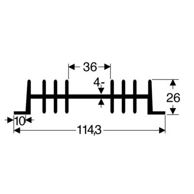 Diagramma della sezione trasversale di un componente con misure: lunghezza 114,3 mm, larghezza 36 mm, altezza 26 mm, distanza 4 mm, spessore del bordo 10 mm.