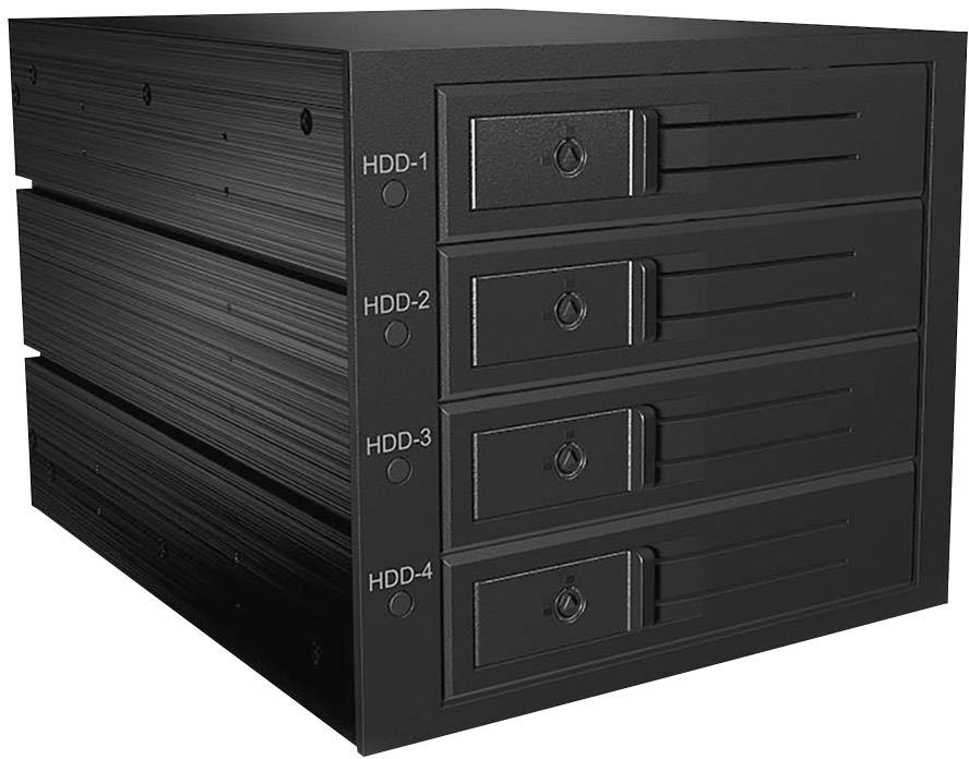 Un alloggiamento nero con quattro vani, etichettati da 'HDD-1' a 'HDD-4', per l'alloggiamento di hard disk.