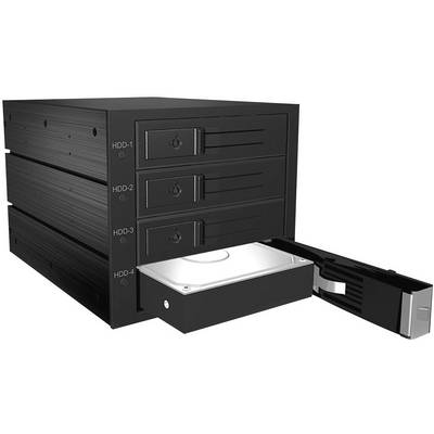 'Gabbia nera per hard disk con quattro vani, uno dei quali aperto con hard disk visibile. Etichette da HDD-1 a HDD-4.'