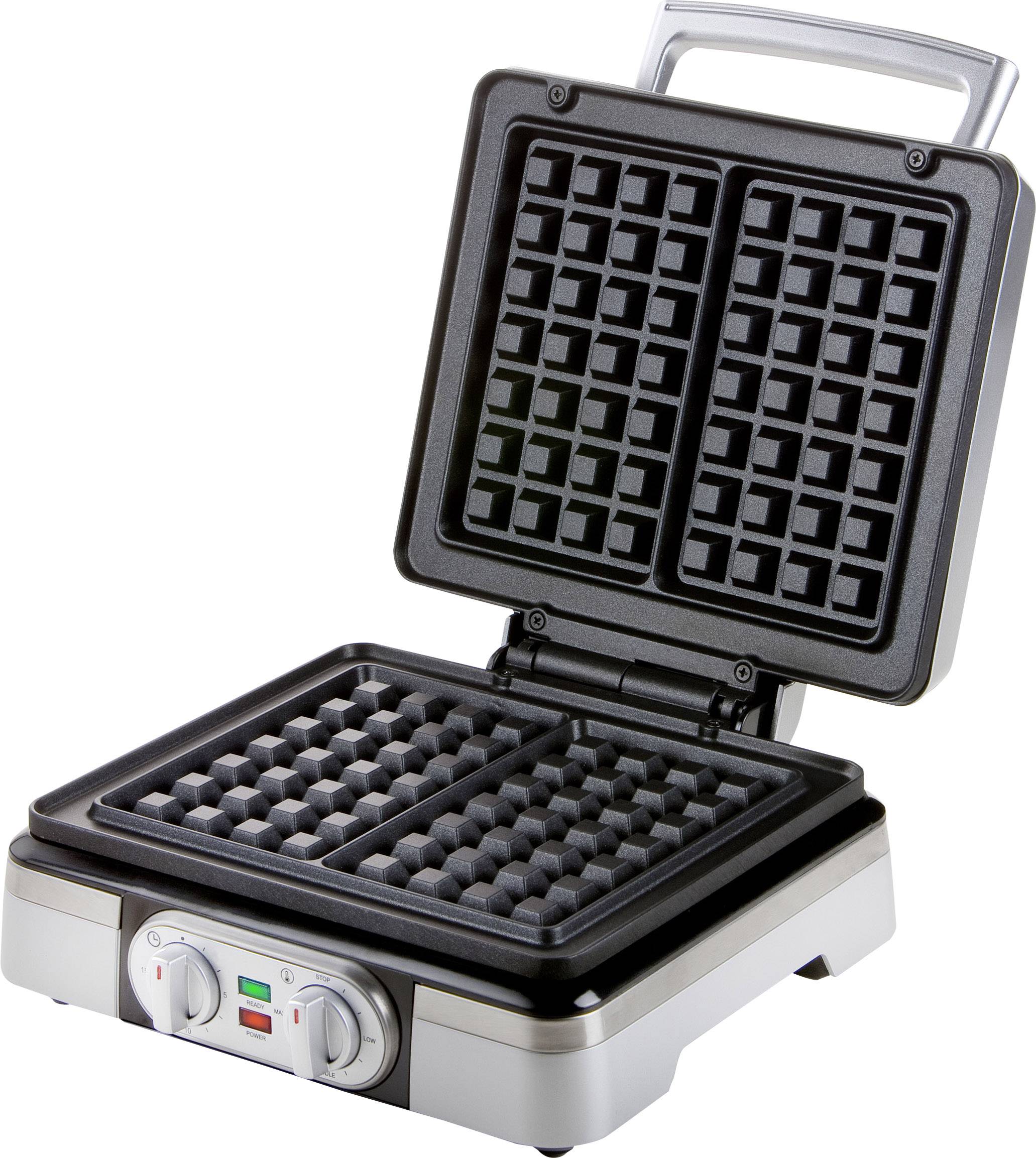 Piastra per waffle aperta con due piastre circolari, ciascuna con motivo a rombi, pronta all'uso.