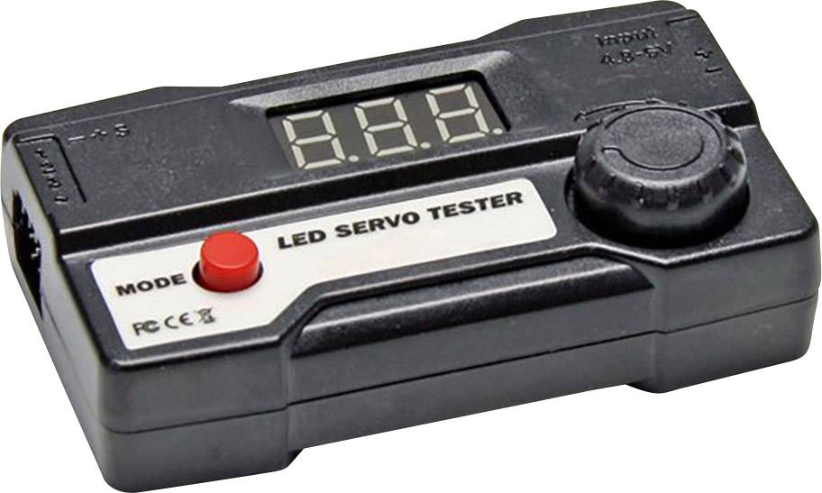Un tester per servo nero con display digitale e pulsante modalità rosso, utilizzato per il controllo dei servocomandi nell'elettronica di modellismo.