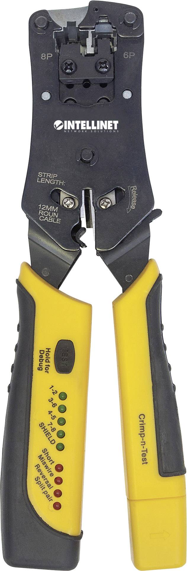 Attrezzo di crimpatura con manico giallo, idoneo per connettori 8P e 6P. Mostra il nome del marchio e le opzioni di selezione per singole coppie di cavi.