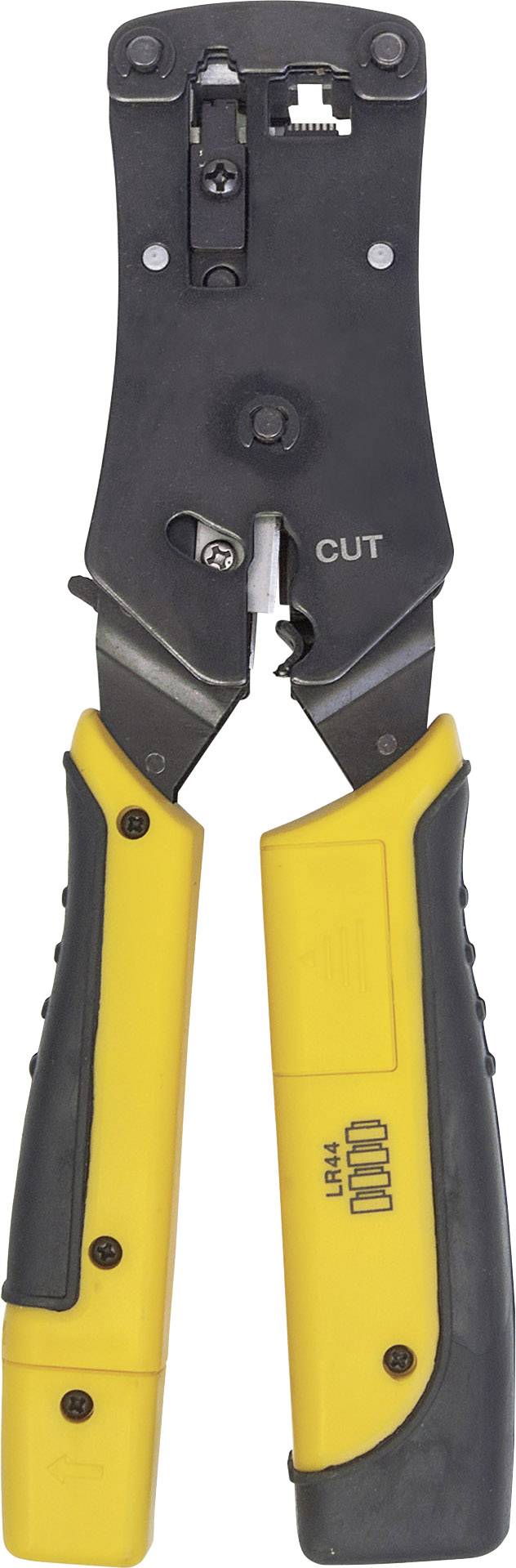Utensile da crimpatura giallo con manico nero, utilizzato per connettere cavi. Sulla parte superiore è visibile la parola 'CUT'.