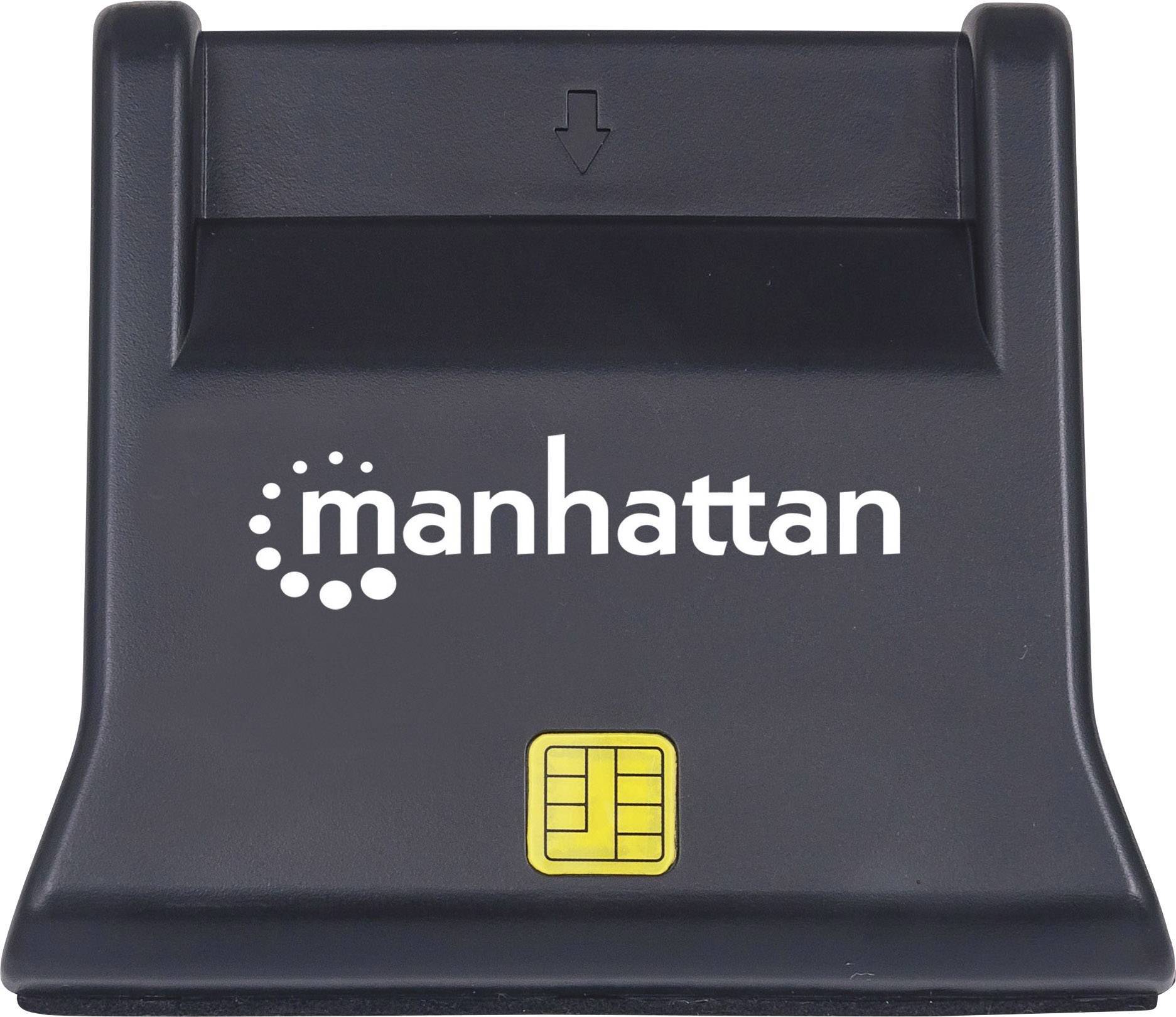 Lettore di schede nero marca Manhattan, con chip frontale.