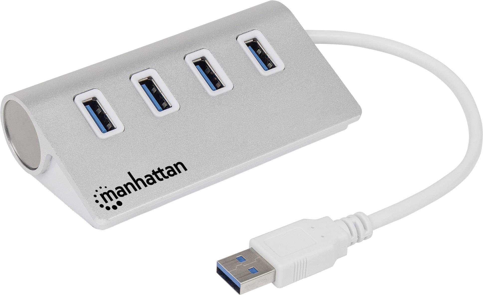 Un hub USB argento con quattro porte USB 3.0 e un cavo con attacco USB.