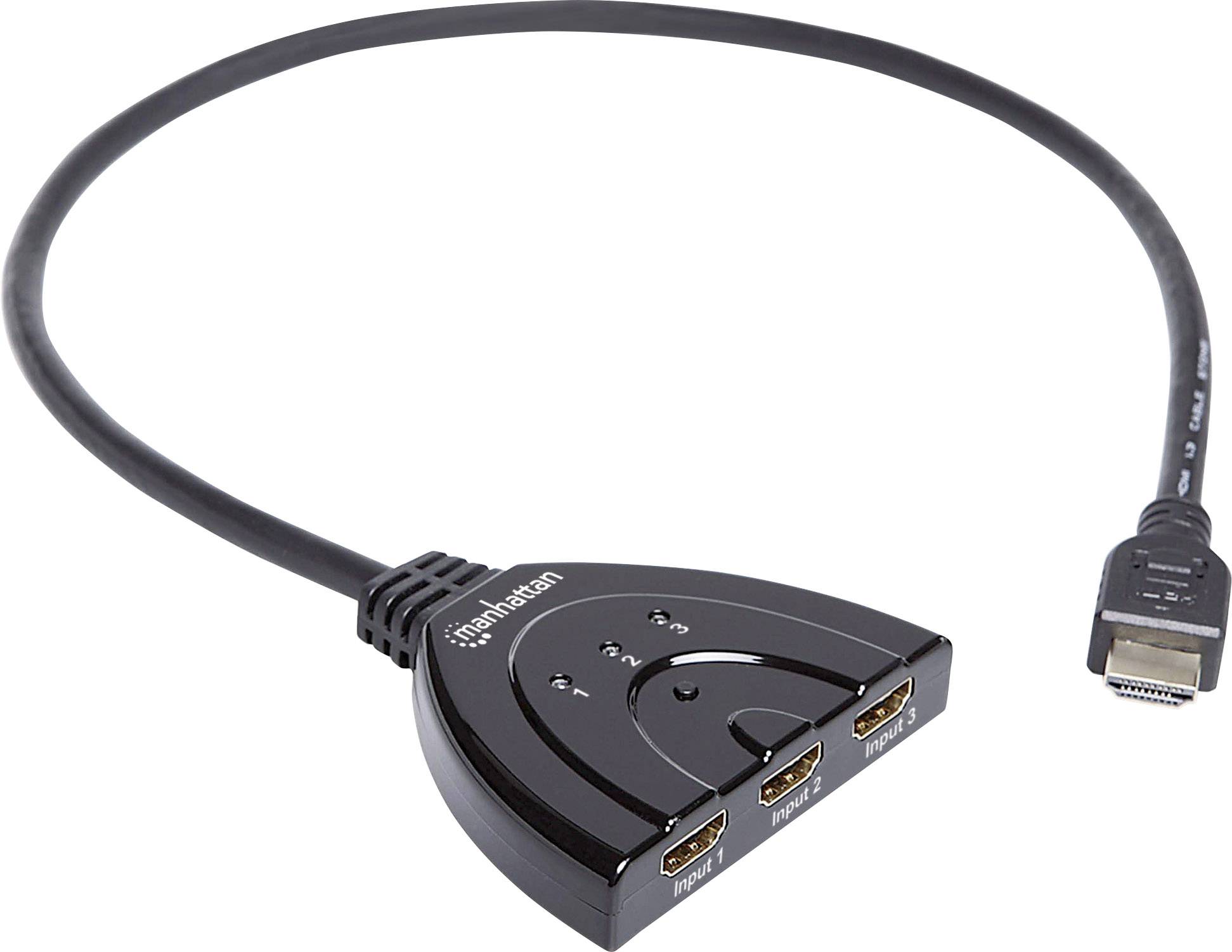 Splitter HDMI con tre uscite e un ingresso, che consente di collegare più dispositivi a un unico schermo.