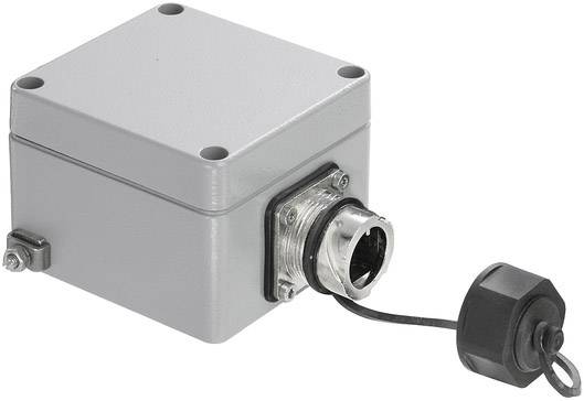 Involucro rettangolare grigio con connessione elettrica e coperchio, utilizzato per proteggere componenti elettronici.