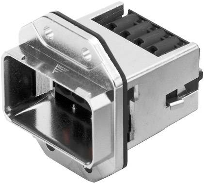 Un connettore metallico a forma rettangolare con elementi in plastica. Idoneo per connessioni di dispositivi elettronici.
