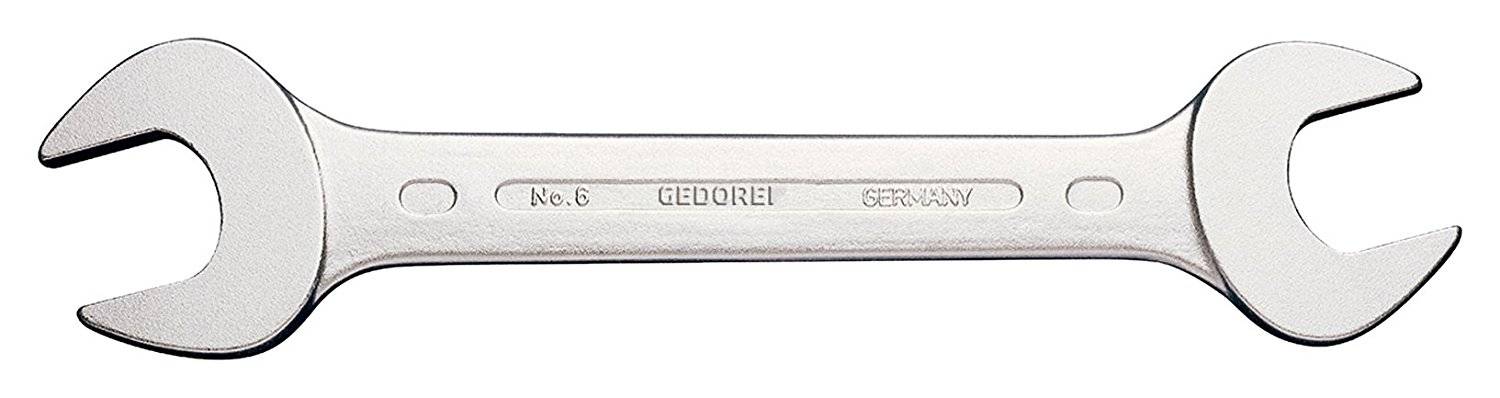 Una chiave inglese d'argento con due estremità aperte, contrassegnata con 'GEDOREI No. 6 GERMANY' al centro dello strumento.