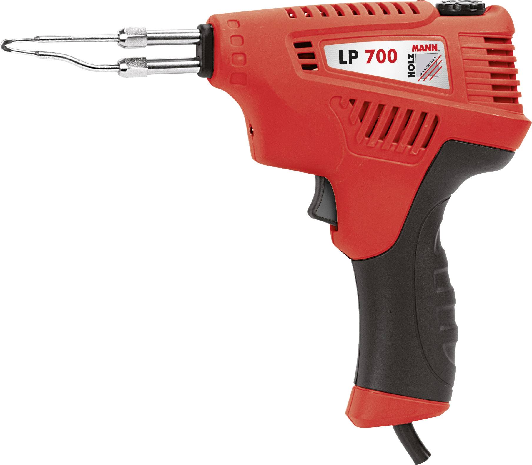 Saldatore rosso con impugnatura nera, modello LP 700 di Mannesmann. Fessure di ventilazione sul lato, punta del saldatore anteriore.