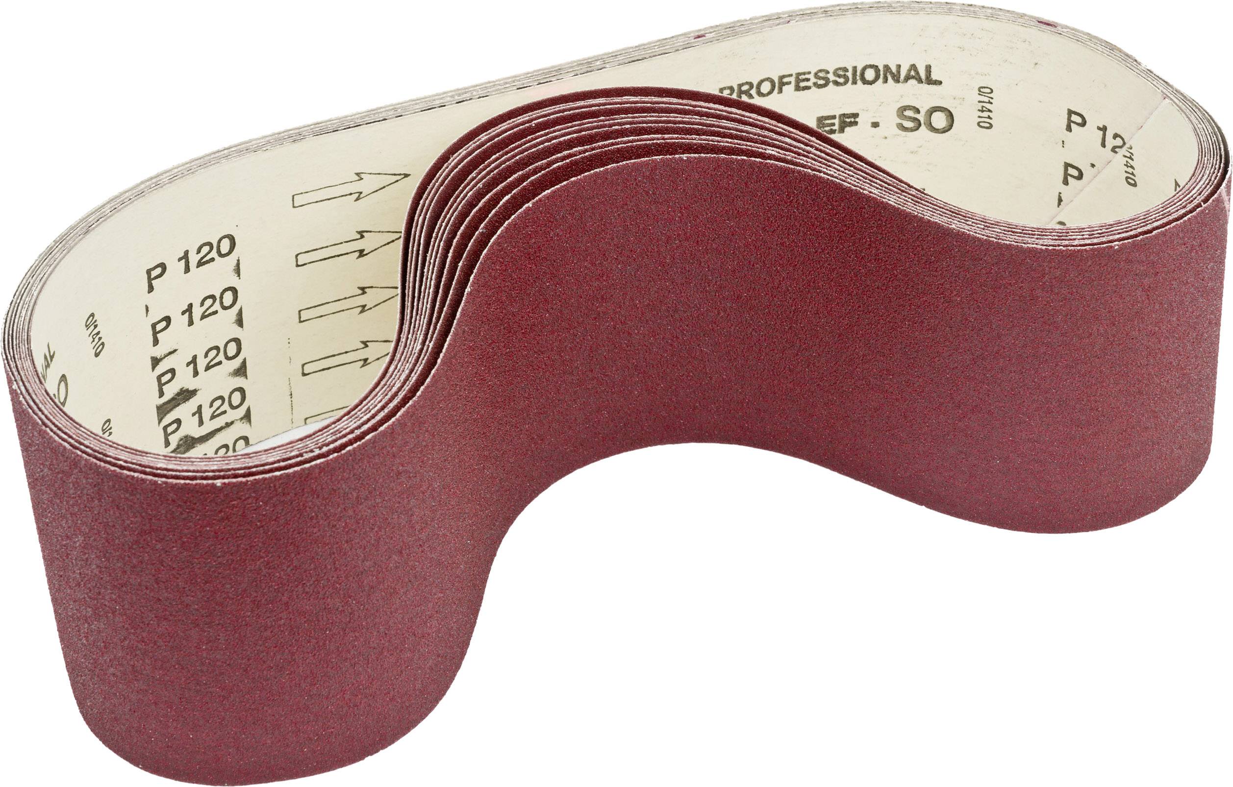 Nastro abrasivo rosso a forma di anello, adatto ad applicazioni professionali, con granulometria 'P120' stampata.