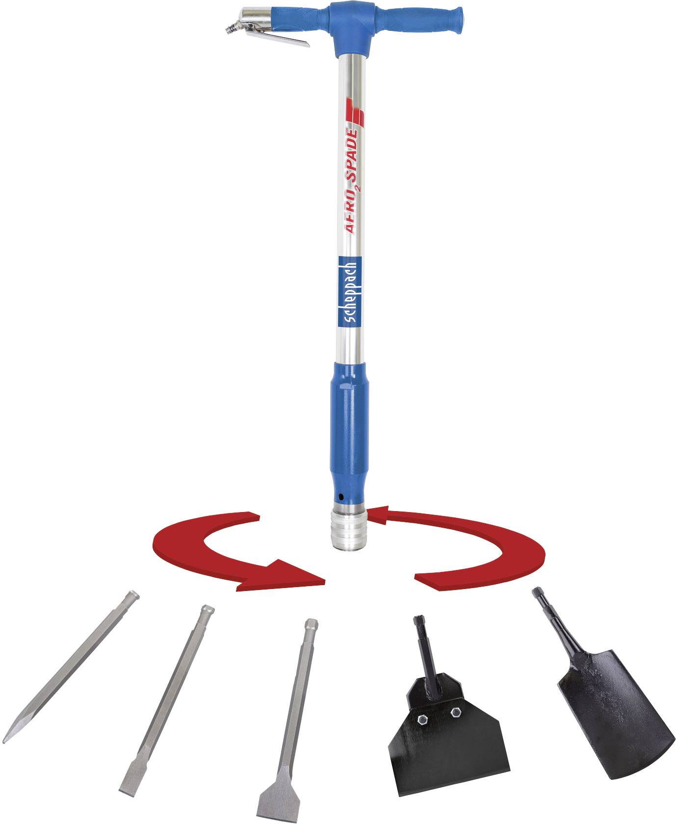 Un manico blu per utensili con teste intercambiabili, tra cui punte a scalpello e a paletta, che seguono frecce rotanti.
